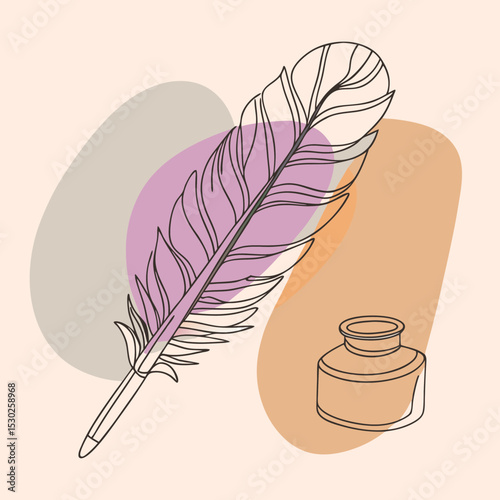 Illustration of a feather quill and inkwell with shapes