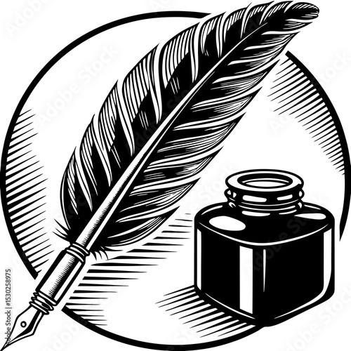 Illustration of a quill pen and inkwell in black and white