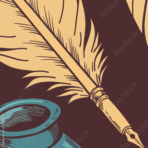 Illustration of a quill pen and inkwell on brown background