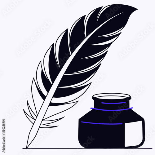 Illustration of a quill pen and inkwell on a white background