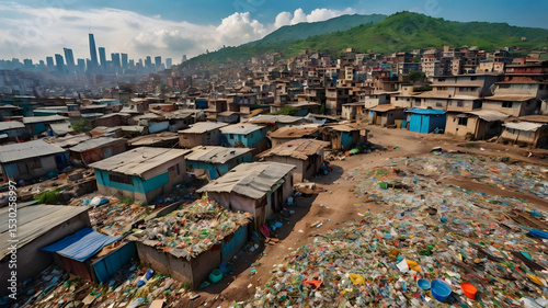 Wallpaper Mural Aerial drone view of an expansive slum settlement filled with piles of garbage, plastic waste, and debris. The image shows densely packed makeshift houses with tin roofs and worn-out structures in con Torontodigital.ca