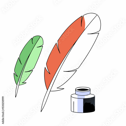 Illustration of two feathers and an inkwell on white background
