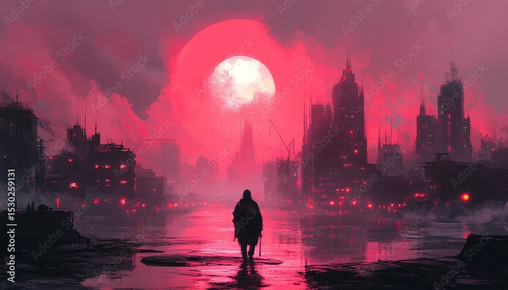 Fototapeta premium Lone Figure Walks in Dystopian Cityscape Under Red Sun Sci-Fi Art
