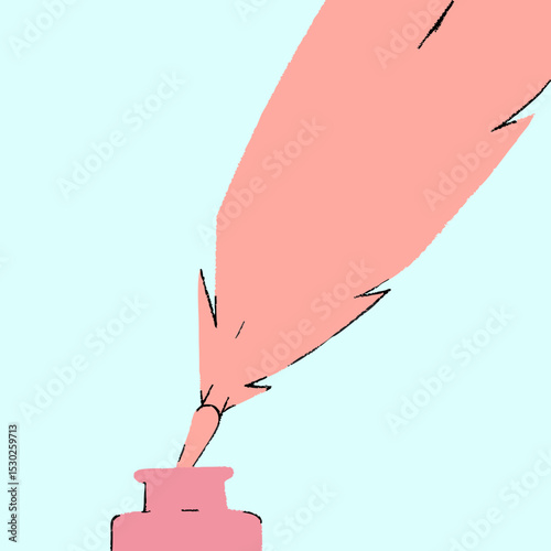 Illustration of a pink quill pen dipped in an inkwell