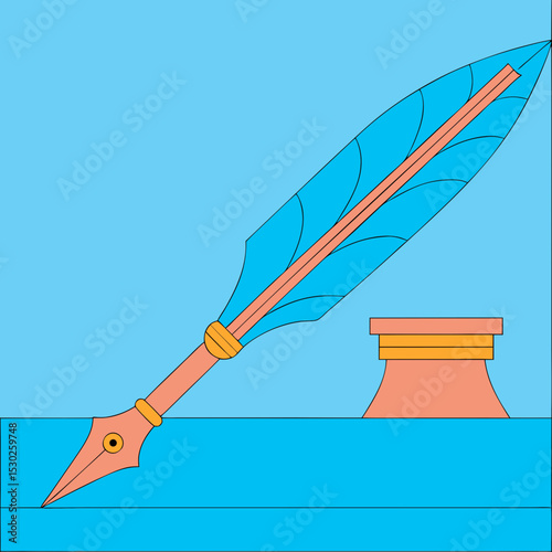 Illustration of a quill pen and inkwell on a blue surface