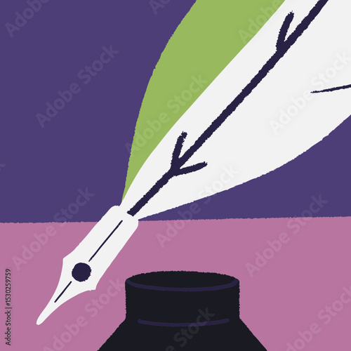 Illustration of a quill pen with inkwell on purple background