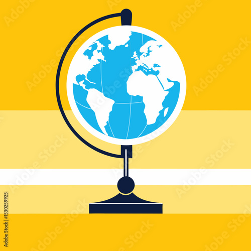 Illustration of a globe with stand on a yellow surface