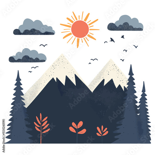 Blue Mountains Landscape Sun Birds Clouds Trees vector