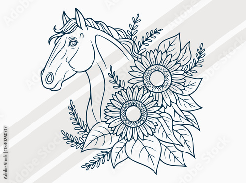 Horse Head and Sunflowers Illustration with Intricate Floral Details for Nature and Equestrian Themes