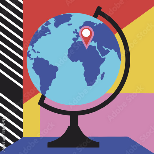 A colorful globe with a location pin and abstract shapes