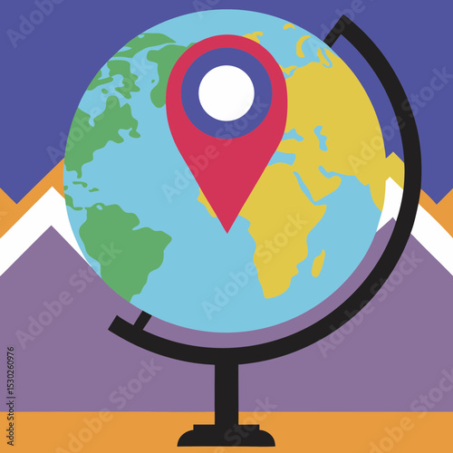 World globe with location pin and mountain background