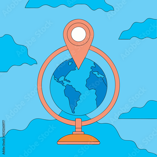Stylized globe with location pin and cloud background