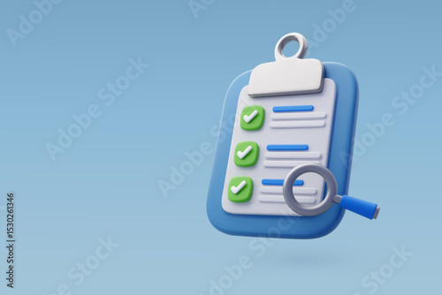 3d Vector Document file and magnifying glass, Analyze projec tand business concept.