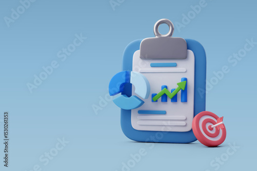 3d Vector Stock trading with clipborad, Business graph, Dart target, Business planning concept.