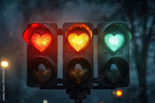 Traffic lights shaped like hearts illuminate the street during a rainy evening photo