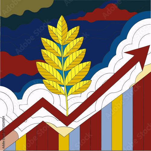 Golden wheat with upward trending graph and cloud background