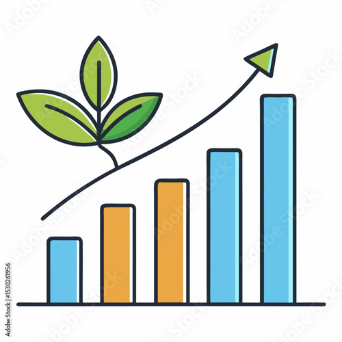 Growth chart with plant and upward trending arrow line