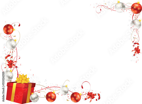 Festive christmas corner border with baubles ribbons and gift box on white background