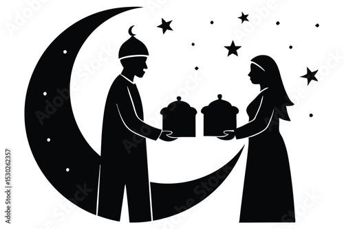 Eid al adha couple exchanging gifts under crescent moon