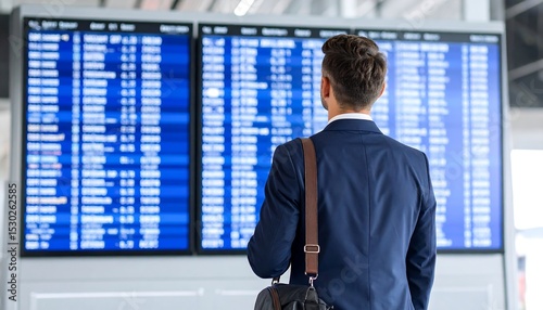 A man looking at a departures board with anticipation and possible uncertainty, shot from the back.