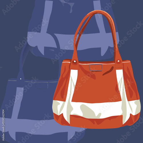 Illustration of a red and white tote bag with blue bags