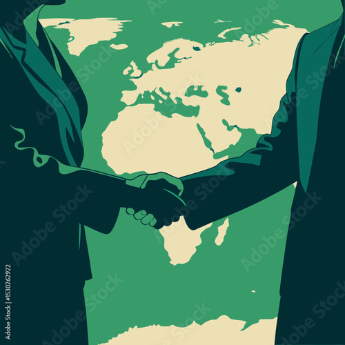 Business handshake in front of a world map illustration