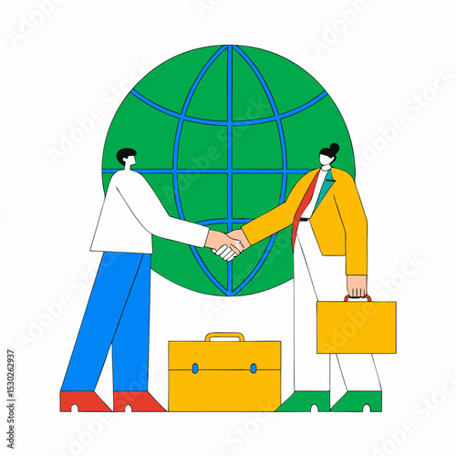Business people shaking hands in front of a globe icon