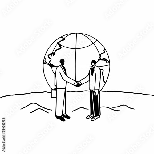 Two businessmen shaking hands in front of a world globe