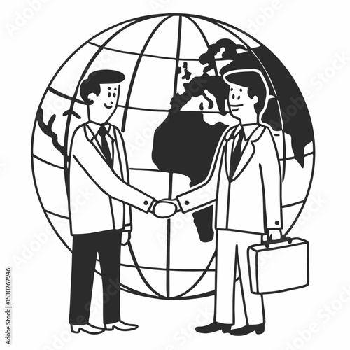 Two businessmen shaking hands in front of a world globe