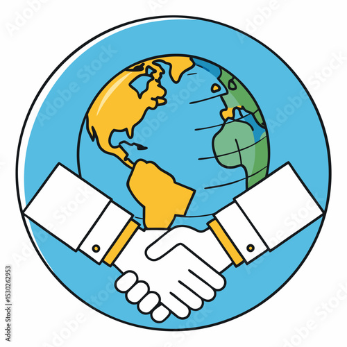 Handshake in front of a globe inside of a blue circle