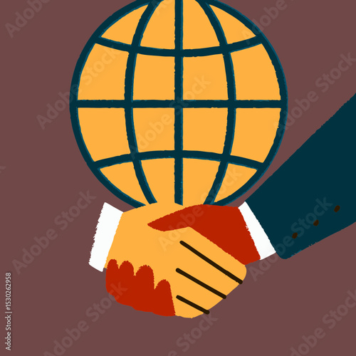 Handshake under a globe representing global partnership