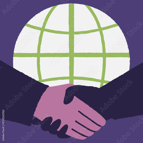 Handshake in front of a globe representing global deal