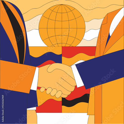 Illustration of handshake with globe and patterned design