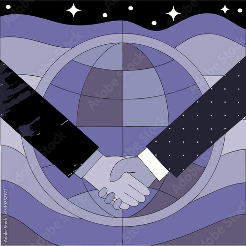 Handshake in front of globe with stars in the background