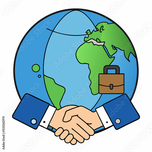 Handshake in front of a globe with a briefcase on it