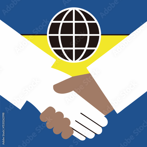 Illustration of a handshake with globe and flag colors