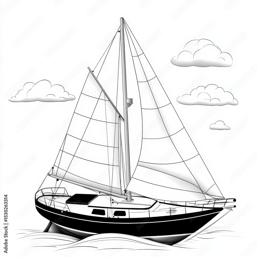 Obraz premium Black and White Sailboat Illustration on Calm Water