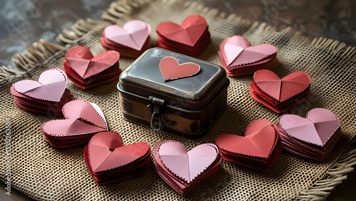 Flat lay of paper hearts first aid kits arranged on a burlap surface symbolizing handmade care and field support rustic tone styling