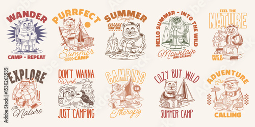 Vintage camping cat t-shirt design bundle. Cat adventure graphic tee for print. Retro summer outdoor vector set, retro illustration for apparel design. Cat lover design collection for merch	