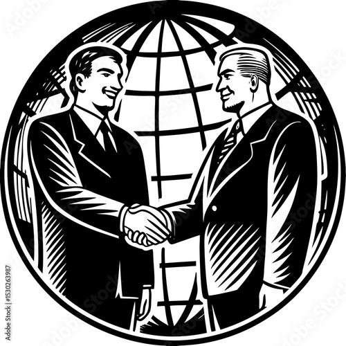 Two businessmen shaking hands in front of a globe image