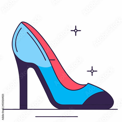 Illustration of a blue and pink high heel shoe with stars