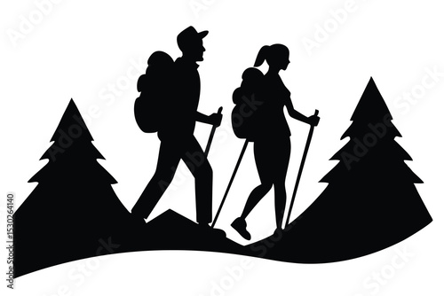 Silhouette of a couple hiking together in nature