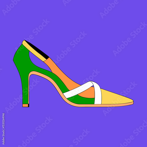 Illustration of a colorful high heel shoe on purple background