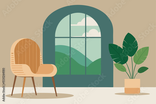 Serene Room Interior Design Chair, Plant, and Mountain View