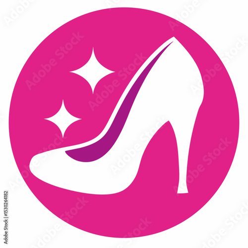 Illustration of a white high heel shoe on a pink circle