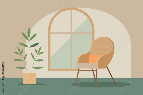 Serene Interior Design Rattan Chair and Plant by Arch Window