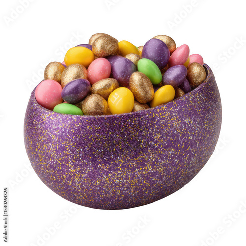 Purple glitter easter egg filled with candy isolated on transparent background