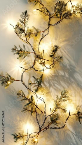 Elegant Green Pine Branches with Warm White Lights on a Soft Background for Seasonal Decor and Inspiration