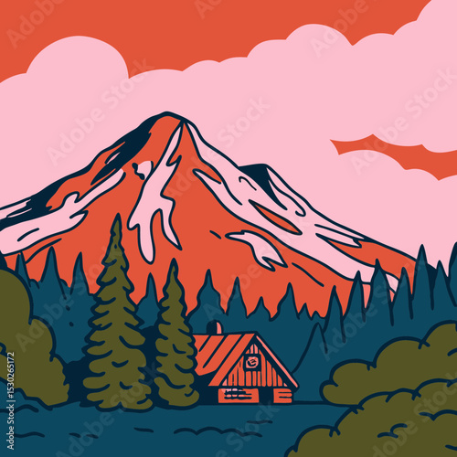 Illustration of a mountain cabin landscape with trees