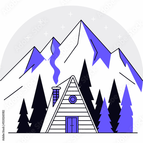 A frame cabin nestled in a snowy mountain landscape view